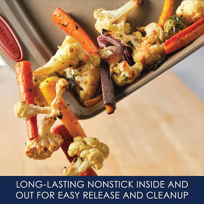 Rachael Ray Cucina Nonstick Bakeware Set Baking Cookie Sheets Cake Muffin Bread Pan, 10 Piece, Latte Brown with Cranberry Red Grips