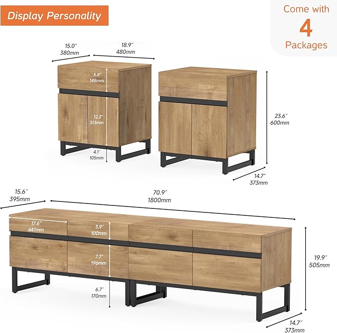 WAMPAT TV Stand and End Table Set of 3, Modern Living Room Table Sets, 70 Inch TV Stand and 2 End Tables with Drawers, Oak