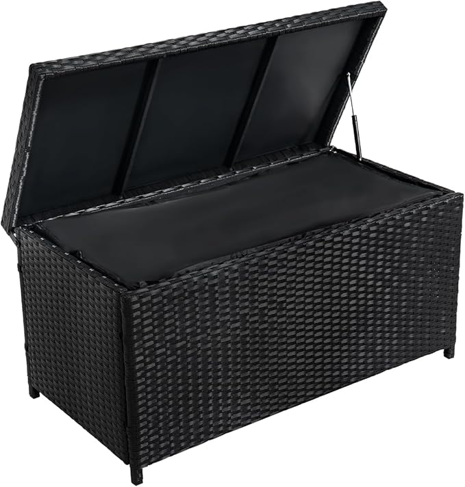 Outdoor 70 Gallon Wicker Storage Box with Waterproof Liner, Patio PE Rattan Storage Container for Outside, Deck Box with Hinged Lid for Cushions, Pillows, Towels, Horizontal Bin, Black