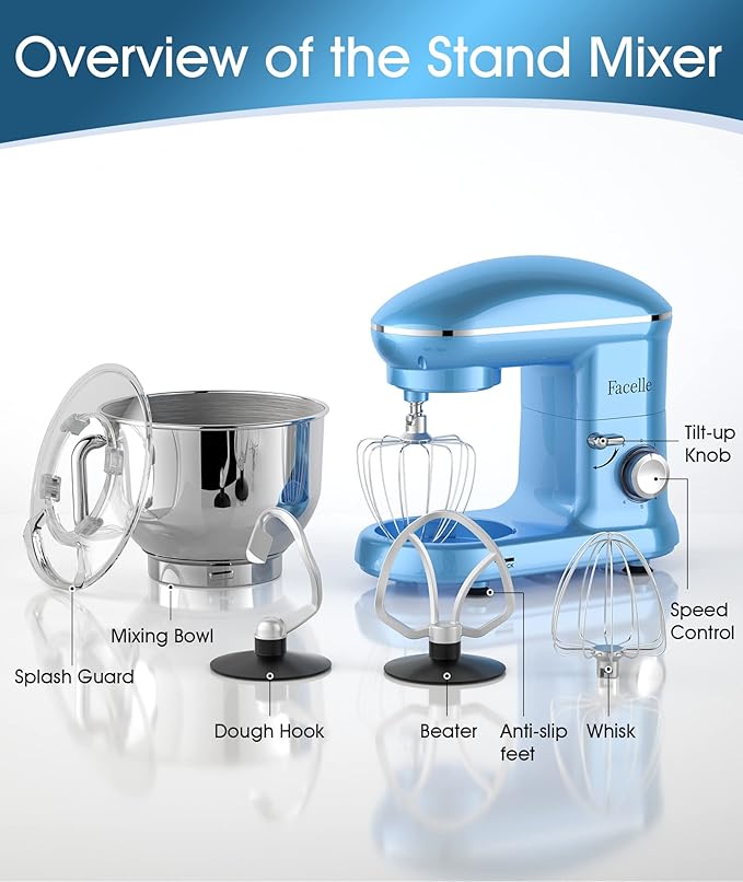 Facelle Stand Mixer, Electric Kitchen Mixer, 660W 6 Speed Tilt-Head stand mixer with Pulse, Attachments include 6.5QT Bowl, Dishwasher Safe Beater,Dough Hook,Whisk for Dough,Baking,Cakes,Cookie - Blue