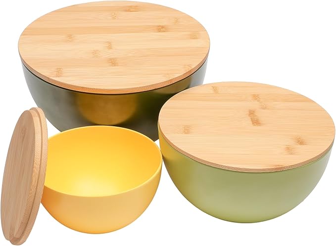 Salad Bowl Set of 3 with Bamboo Lids, Mixing Bowl Set, Nesting Bowls for Space Saving Storage, Made with Durable Eco-Friendly Bamboo Fiber, Great for Prepping and Serving Food (3 Colors)