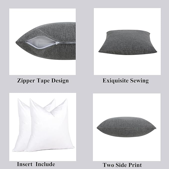 FUNHOME Outdoor Indoor Throw Pillows 18”x18”, Set of 2 Decorative Throw Pillows with Inserts, All Weather Water-Repellent Square Pillows for Bed, Couch, Sofa and Patio Furniture-Grey