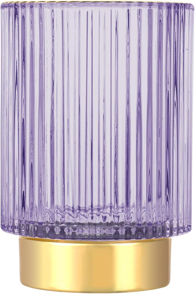 DASITON Makeup Brush holder Organizer,Crystal Cosmetic Makeup Brush Glass Brushes Storage Holder, Vintage Make Up Brush Cup Pen Pencil Holder striped vase(Purple L)
