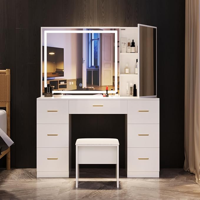 Vanity Desk with Mirror and Lights, Makeup Vanity Desk with 7 Drawers & Cushioned Stool, Hidden Cabinet, Brightness Adjustable, Vanity Table for Bedroom, Dressing Room, Women, Girl (White)