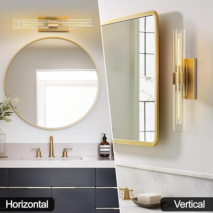 Modern Brass and Glass Wall Sconces, 24" Vanity Lights for Bathroom 2 Lights, Horizontal or Vertical Linear Wall Sconce,Indoor Sconces Wall Lighting,Bathroom Wall Sconce Set of Two