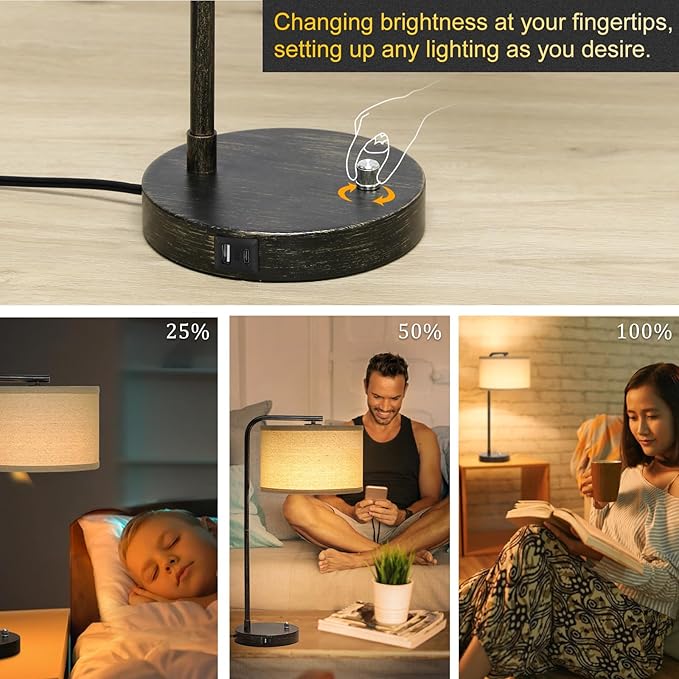 Bedside Table Lamp with USB C+A Charging Ports, Fully Dimmable Industrial Tall Nightstand Reading Desk Lamp for Bedroom, Living Room, Office, 9W LED Bulb Included