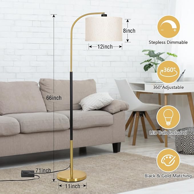Dimmable Floor Lamp for Living Room, Arc Floor Lamps with Adjustable Drum Shade Pedal Switch, Black and Gold Tall Standing Lamp with 9W LED Bulb, Modern Reading Light Pole Lamp for Bedroom, Office