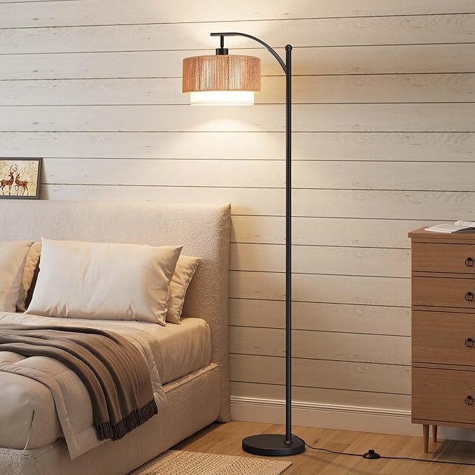 SUNMORY Floor Lamps for Living Room with 12W LED Bulb, Arc Floor Lamp with 3 Color Temperatures, Farmhouse Floor Lamps with Adjustable Rattan & Fabric Shades, Boho Standing Lamp for Bedroom, Corner