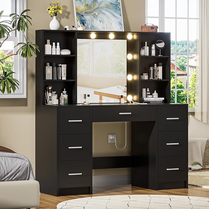 Large Vanity Desk with Mirror, 10 Lights and Power Outlet, Makeup Vanity with Shelves and 7 Drawers, Vanity Desk Dressing Table with 3 Color Light Adjustable, Vanity Table for Bedroom (Black)