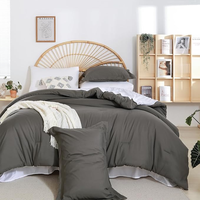 weigelia Queen Comforter Set 7 Pieces Bed Comforter Set Dark Grey Comforter Queen Size Soft Microfiber Comforter with Fitted Sheets, Flat Sheets, Pillow Shams, and Pillowcases