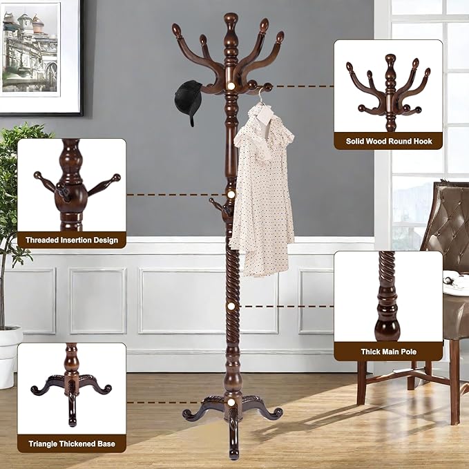 Solid Wood Coat Rack – 74.8" Freestanding Coat Racks Stand with 11 Hooks & Stable Base, Adjustable Height Modern Wooden Hall Tree for Entryway, Bedroom, Office, Home (Walnut Triangle)