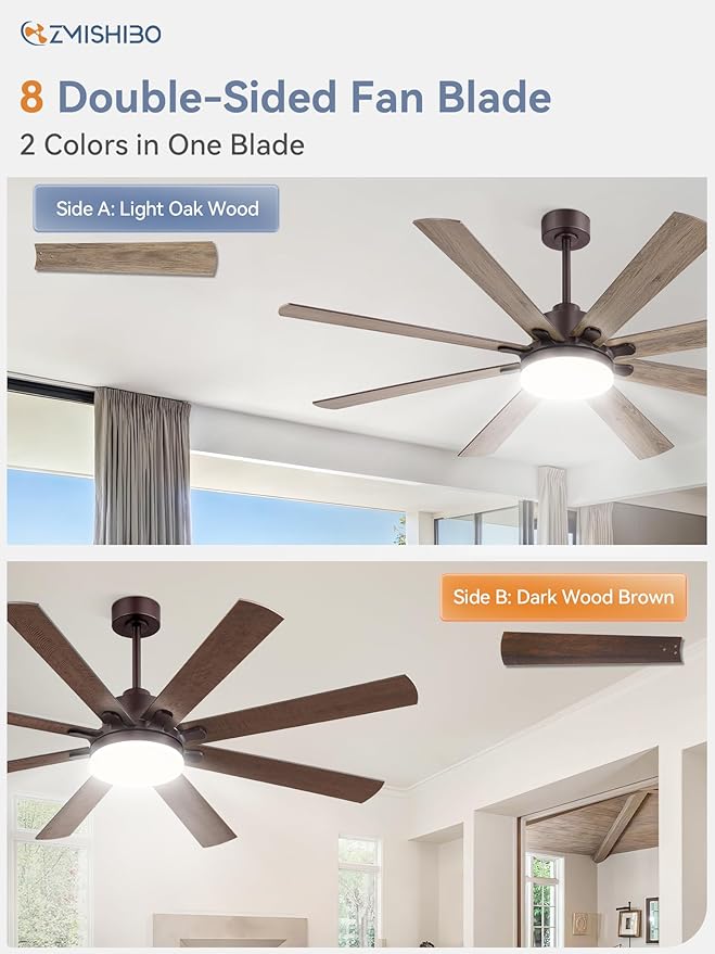 ZMISHIBO 65 Inch Ceiling Fan with Light, Indoor/Outdoor Ceiling Fans with Large LED Panel, Quiet Reversible DC Motor, 6-Speeds, 3CCT, Brown Farmhouse Ceiling Fan for Patio, Livingroom, Bedroom