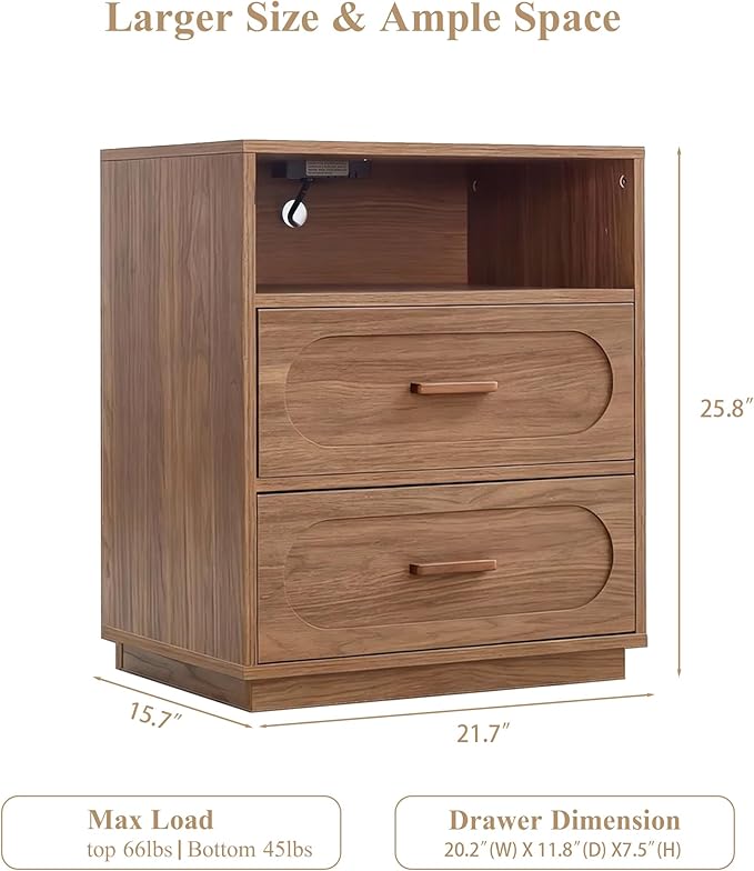Walnut Night Stand Set of 2 with Charging Station, 25.8" Tall Wood End Table with 2 Storage Drawers and Open Shelf, Mid Century Modern Bedside Table for Bedroom, Living Room, Walnut