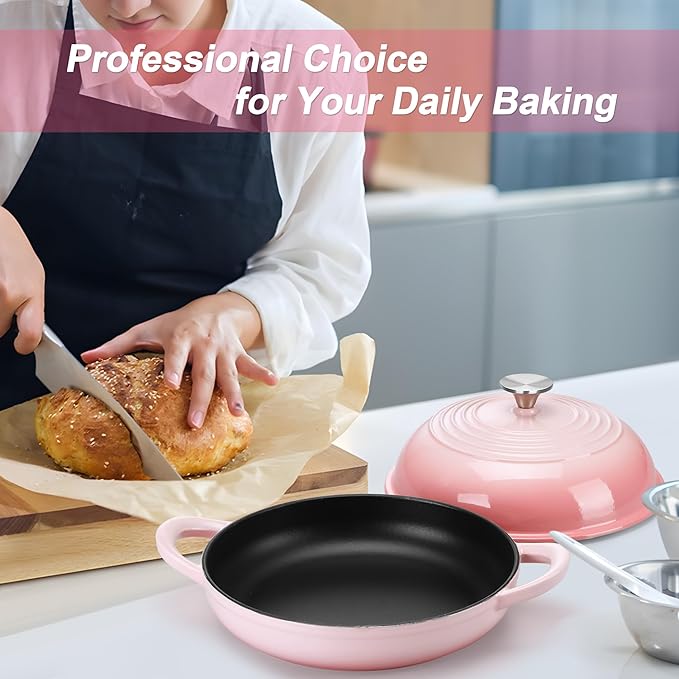 TeamFar Cast Iron Bread Dutch Oven, 6 Qt Enameled Dutch Oven Pot for Sourdough Bread Baking, with Tall Dome Lid & Round Base Pan, Self-Basting & Even-Heating, Heavy-Duty & Non-stick, Pink