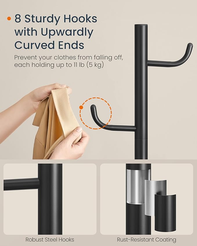 SONGMICS HOME Cactus-Shaped Coat Rack, Freestanding, Stand with 8 Sturdy Hooks, with Curved Ends, 69 Inches Tall, for Clothes, Hats, Bags, Ink Black URCR039B01