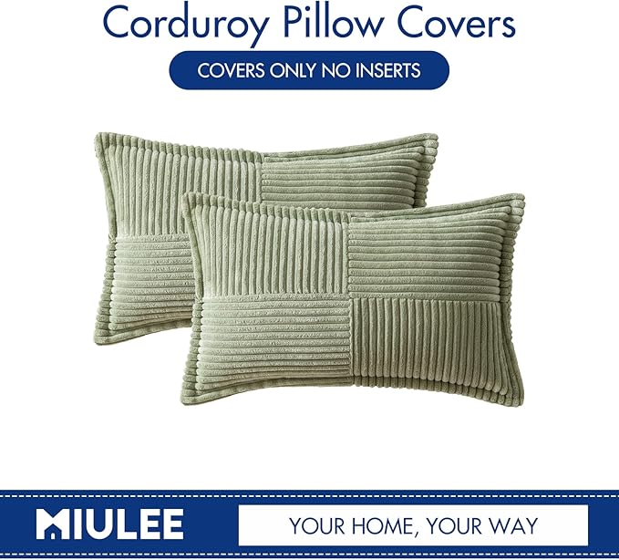 MIULEE Decorative Lumbar Throw Pillow Covers for Couch Bed Livingroom 12x20 Inch Set of 2 Sage Green Boho Accent Throw Pllows Broadside Striped Patchwork Soft Corduroy Pillowcases