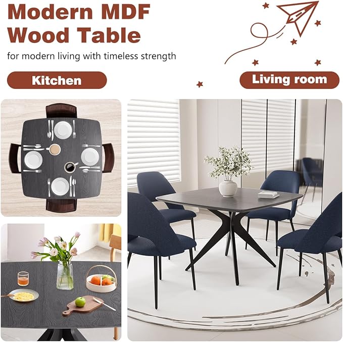 Kidol & Shellder 45.2" Square Dining Table Set for 2-4 People Modern MDF Wooden Dining Room Table with X-Shaped Metal Base Kitchen Table for Dining Room Kitchen Office（Black Table+4pcs Blue Chairs