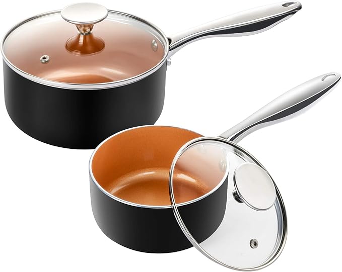 MICHELANGELO Nonstick 1Qt & 2Qt Copper Sauce Pan Set with Lid, Small Pot with Lid, Ceramic Nonstick Saucepan Set, Small Sauce Pots