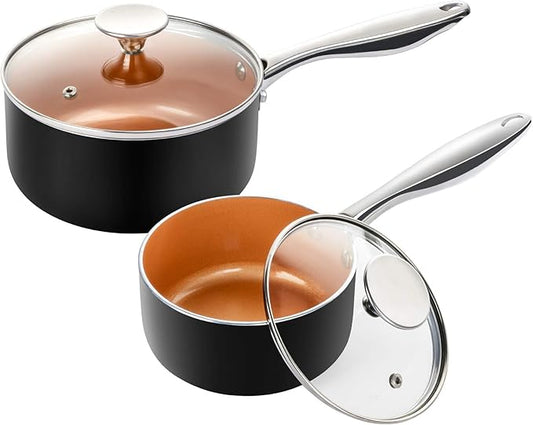MICHELANGELO Nonstick 1Qt & 2Qt Copper Sauce Pan Set with Lid, Small Pot with Lid, Ceramic Nonstick Saucepan Set, Small Sauce Pots