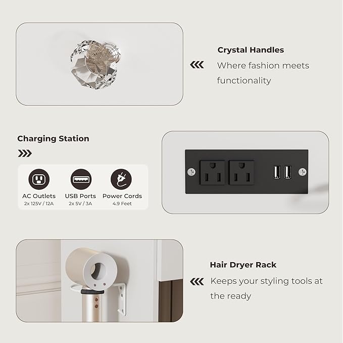 Vanity Desk with Mirror and Lights, 41.4'' Makeup Vanity Desk with 4 Drawers and Large Cabinet, 3 Lighting Modes Adjustable Brightness, White Vanity with Power Outlet for Bedroom