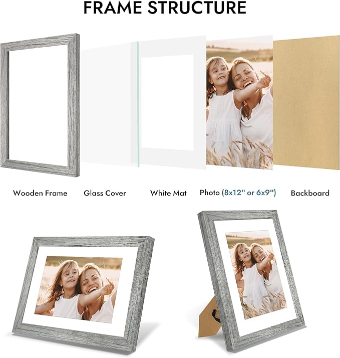 8x12 Picture Frame with Glass, Display Pictures 6x9 with Mat or 8 x 12 without Mat - Wall and Tabletop, 8 by 12 Photo Wooden Frames (Grey, 1 Pack)