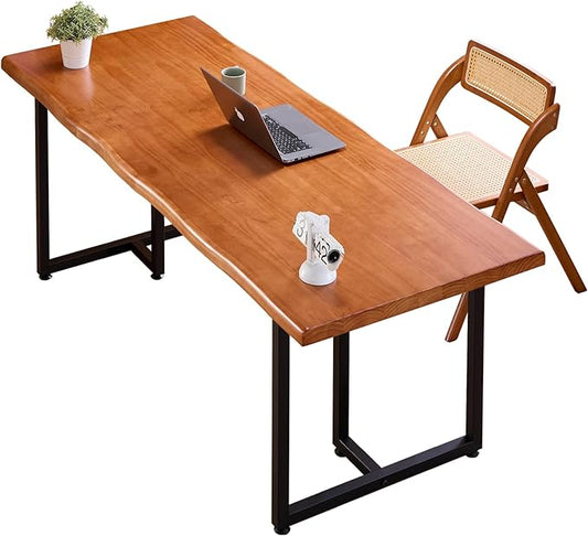Solid Wood Administrative Desk, Dining Table with Durable Metal Legs, Uniquely Designed Leisure Table, Perfect for Restaurants and Home Offices, (Wood Brown, 70.87in)