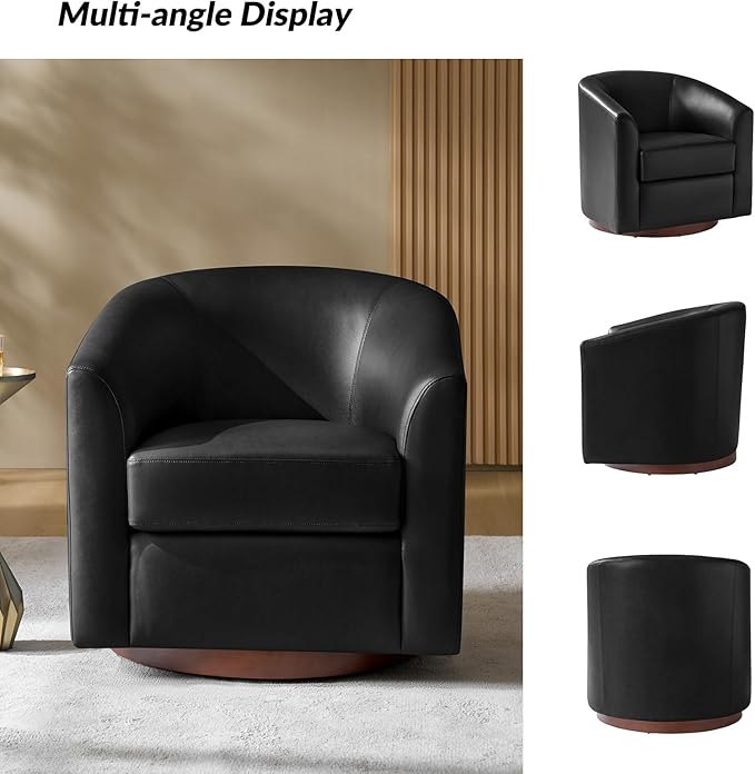 HULALA HOME Faux Leather Swivel Accent Chairs Set of 2 with Solid Wood Base, Round Swivel Barrel Chairs for Living Room and Bedroom, Black
