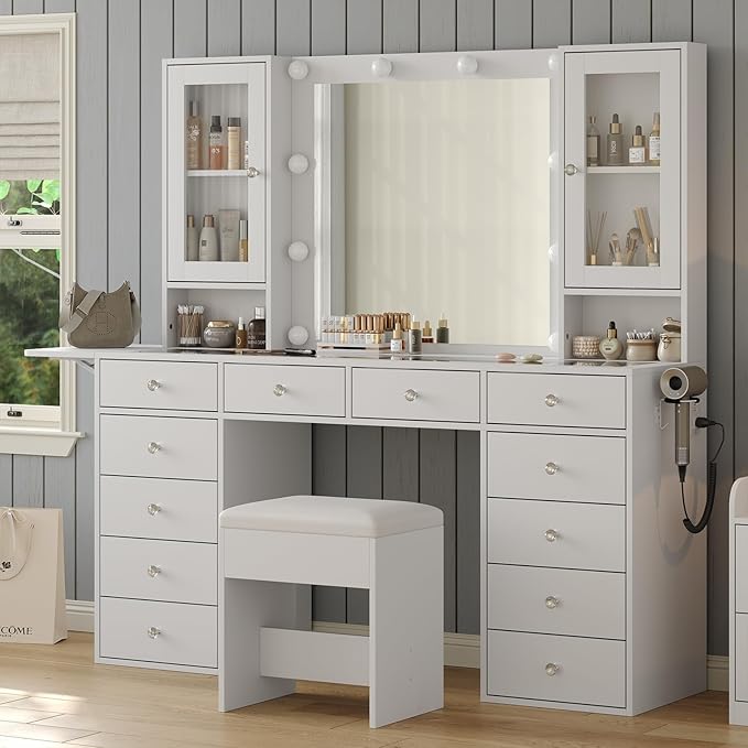 Vanity with Mirror and 10 LED Lights,Vanity Desk with Power Outlet, Makeup Vanity with 12 Drawers and 2 Cabinets, Fold-up Panel, Glass Top Vanity Table with Chair for Bedroom, White