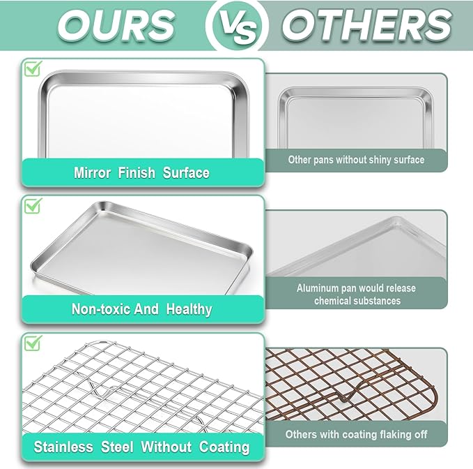 TeamFar Toaster Oven Pan with Cooling Rack Set, 10.5’’ x 8’’ x 1’’ Stainless Steel Compact Toaster Oven Small Baking Pan Tray with Mini Grid Rack, Non-Toxic & Heavy-Duty, Dishwasher & Oven Safe