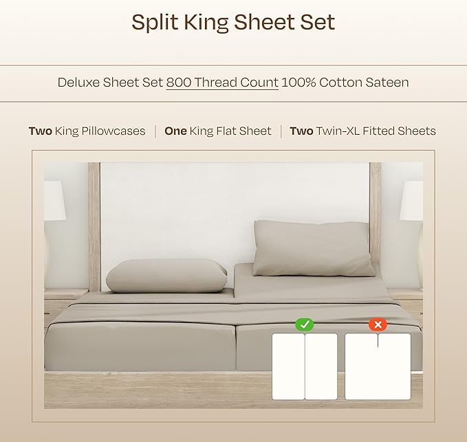 California Design Den Split King Sheet Set - Luxury 800 Thread Count, 100% Cotton Sateen, Bedding Set with Deep Pockets, Cooling & Softer Than Egyptian Cotton Sheets (Beige)
