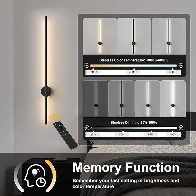 Battery Operated Modern Wall Sconces, Dimmable Wireless Wall Light Set of Two with Remote Control, 3 Color Temperatures, Rechargeable LED Wall Sconce for Bedroom, Living Room, Hallway, 39.3 Inch Black