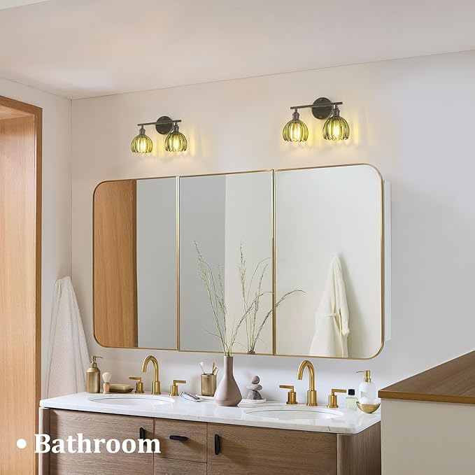 Bathroom Light Fixtures, 2-Light Black Vanity Wall Light Over Mirror with Green Tulip Glass Shade for Bedroom Living Room