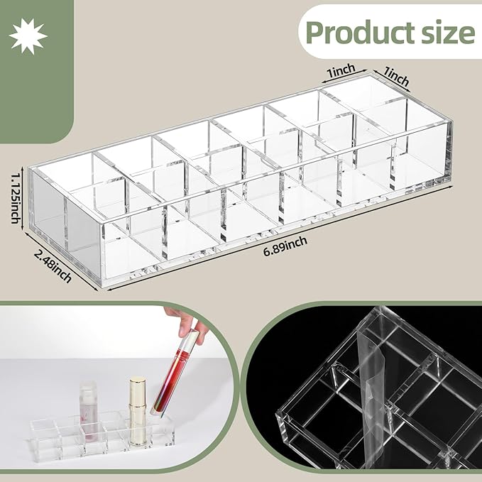 Kigley 3 Pcs Clear Lipstick Holder Acrylic Lip Gloss Organizer Cosmetic Storage Lipstick Display Case for Perfume Sample Drawer Brushes Bottles Women Birthday Gift(12 Grid)