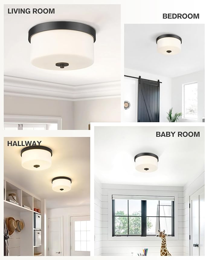 EMAK Black Modern Flush Mount Ceiling Light Fixture with Milk Glass, FM082-BK-ML