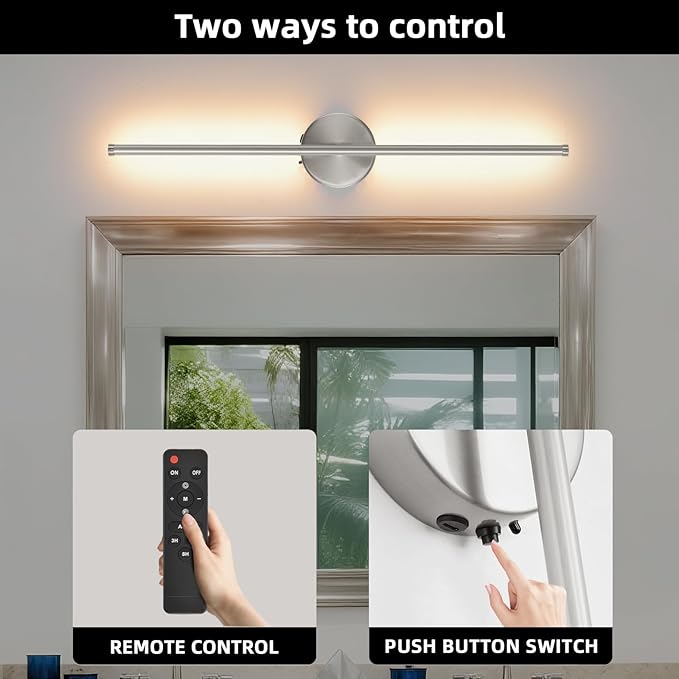 Battery Operated Wall Sconce Set of 2, Brushed Nickel 27.5" LED USB Rechargeable dimmable Wall Sconce with Remote Control, Rotate 350° for Living Room, Bedroom, Hallway and scones Lighting