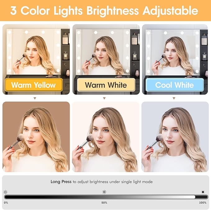 Vabches Vanity Desk with Lights and Mirror,Black Makeup Desk with 3 Drawers & Storage Cabinet & Shelves,Glass Top Vanity Table Set with 3 Lighting Modes Adjustable Brightness