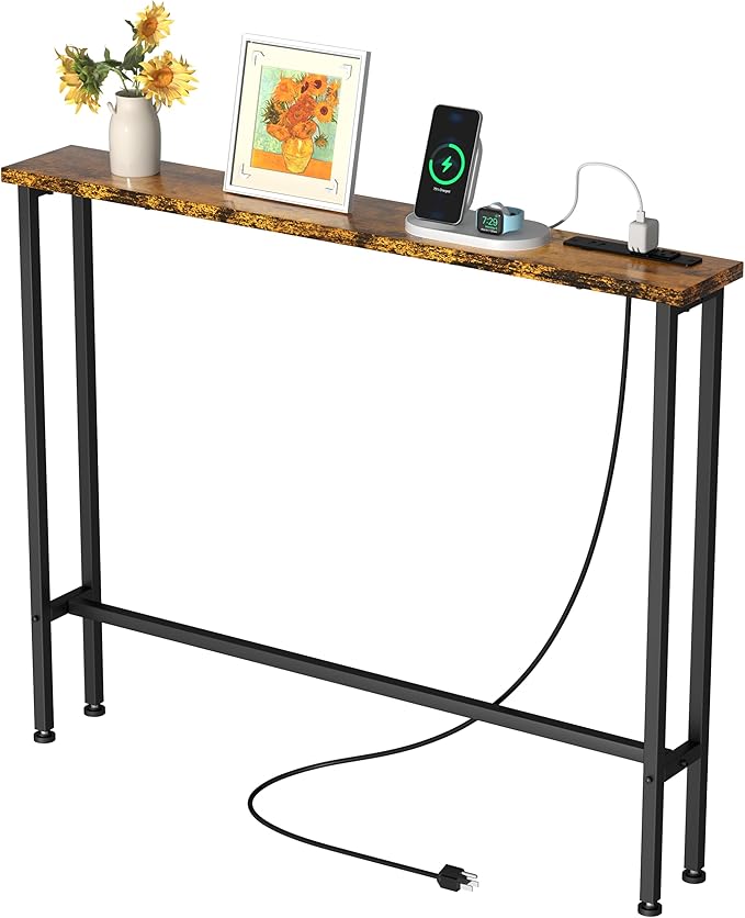 GRLEAF 39" Narrow Console Sofa Table with Built-in Power Strip (4 AC Outlets & 4 USB Ports) – 4.9ft Power Cord, Metal Frame, Easy Assembly, Ideal for Behind Couch, Hallway, and Office | Rustic Brown