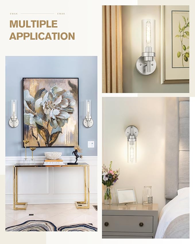 Emak Brushed Nickel Wall Sconce Light, Modern Bathroom Light Fixtures with Clear Glass Shade, 1 Light Wall Lights for Bedroom, Bathroom, Living Room, WS085-BN