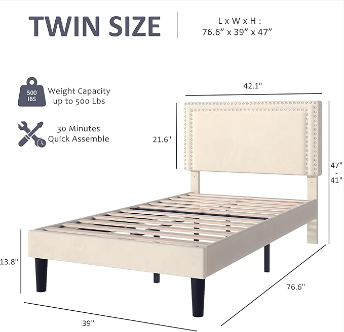 VECELO Twin Size Bed Frame with Adjustable Upholstered Headboard, Strong Wood Slats Platform Support, No Box Spring Needed, Easy Assembly