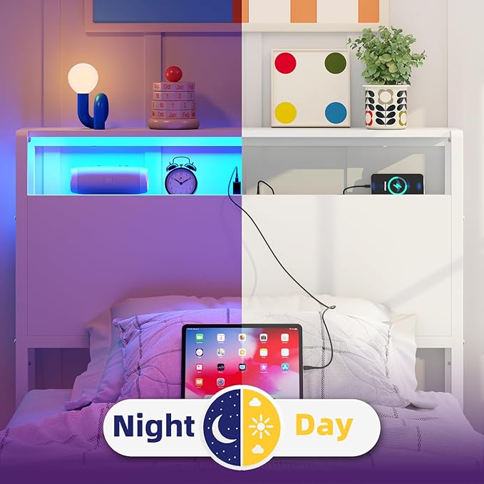 Twin Sized Headboard with 2 Tiers Storage Shelves, Sturdy and Stable Headboard with Charging Station, USB Ports and LED Light for Twin Bed Frames,White