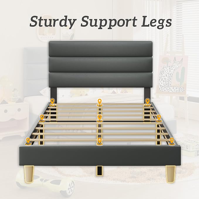 Twin Bed Frame, Platform Bed Frame with Velvet Upholstered Headboard, No Box Spring Needed, Sturdy Metal Support, Noise Free, Easy Assembly, Modern Bedroom Furniture, Grey