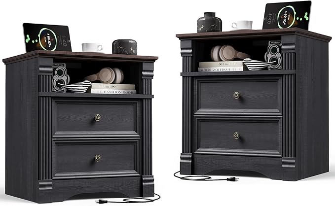 Yaamizz Farmhouse Nightstands Set of 2 with Charging Station, Table with Drawer and Storage Shelf, Wood Pilasters and Metal Handles, Vintage Design, Organizer for Bedroom, Hallway, Black