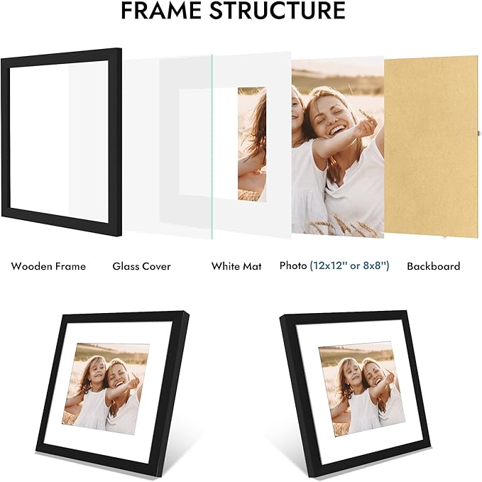 12x12 Picture Frame with Real Glass - 8x8 Wooden Frame with Mat, Horizontal and Vertical Display for Wall or Tabletop (Black, 1 Pack)