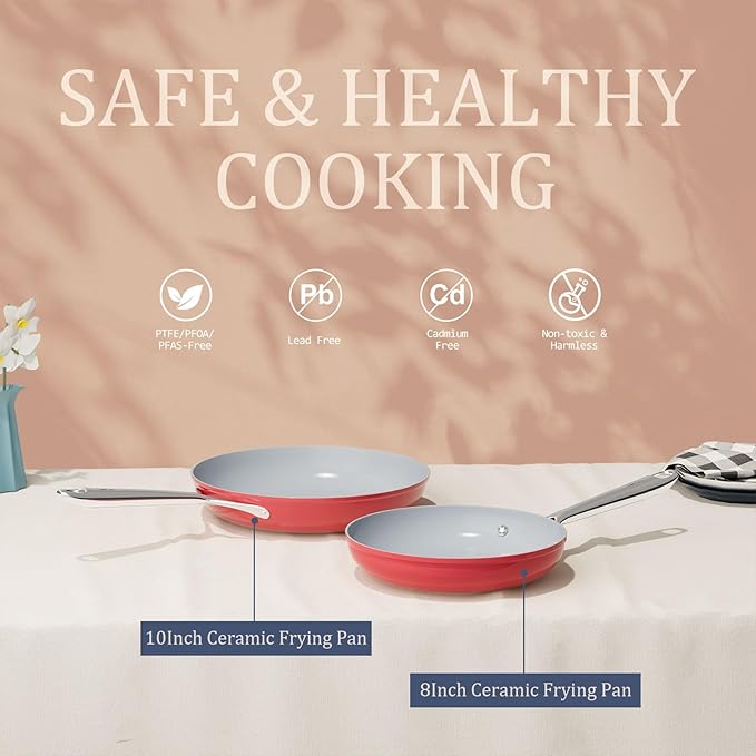 Nonstick Ceramic Frying Pan 8 Inch for Induction Cooktop - Non Toxic, PTFE/PFOA/PFAS Free, Oven & Dishwasher Safe up to 500°F - Non Stick Egg Skillet with Stay-Cool Handle - Fusion Red