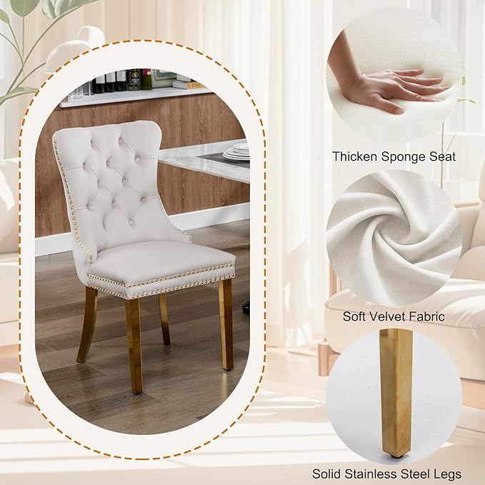 3-Piece Faux Marble Round Dining Table Set for 2, Modern Luxury Kitchen Table Set for 2 with Beige Tufted Chairs,Circle Dining Tables with White Marble Grain Top and Bronze Pedestal Base