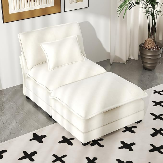 Real Relax 34.9'' Modular Sectional Sofa, Single Seat Without Armrest Chenille Convertible Couch with Movable Ottoman, 2 Pillows for Living Room, Office and Leisure Places, Beige