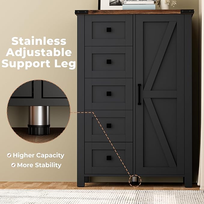 Farmhouse Tall Dresser Chest of Drawer for Bedroom, 5 Drawer Storage Cabinet with Barn Door, 48 Inch Tall Wood Dresser, Adjustable Shelves, Rustic, for Living Room, Entryway, Hallway