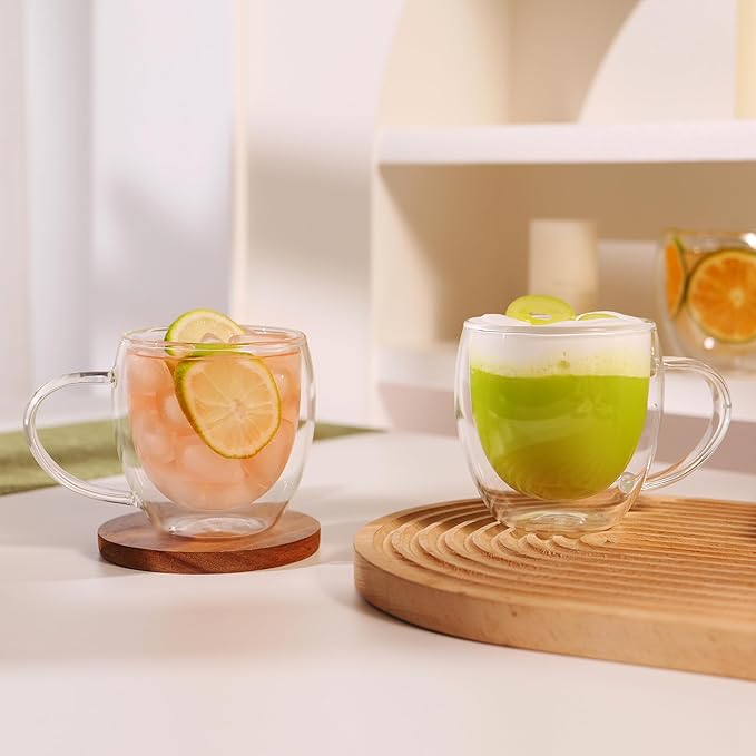 CNGLASS 12oz(4-pack) Double Walled Glass Coffee Mugs,Insulated Glass Mugs with Handle,Clear Espresso Cups for Latte,Cappuccino,Tea Bag