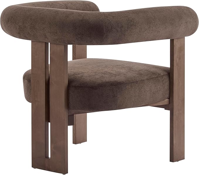Christopher Knight Home Rones Modern Velvet Upholstered Accent Chair, Wooden Living Room Club Chair with Curved Backrest, Minimalist Bedroom Comfy Reading Chair, Thick Padded Seat, Dark Brown+Walnut