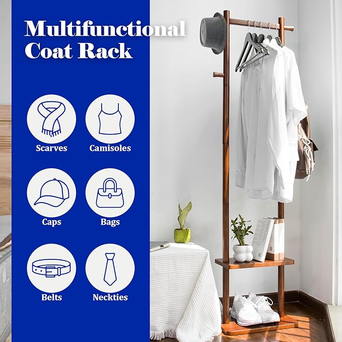 Coat Rack,Wooden Coat Rack Freestanding,Standing Coat Racks Tree Clothes Hanger Stand with Stury Base for Entryway, Livingroom, Bedroom,Easy to Assemble(Brown)